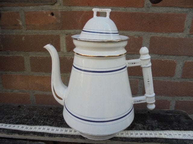 emaille koffiekan met blauw & gouden bies H25cm, Ophalen