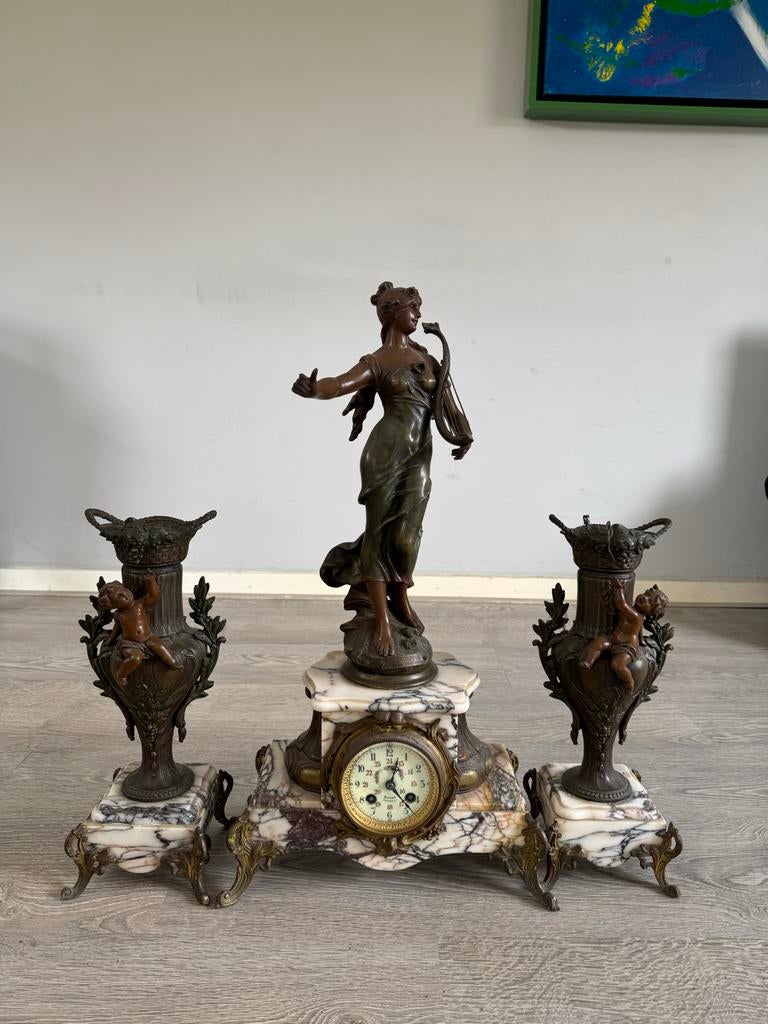 Antieke Franse Schouwklok set met echt marmer, Antiek en Kunst, Antiek | Klokken, Ophalen