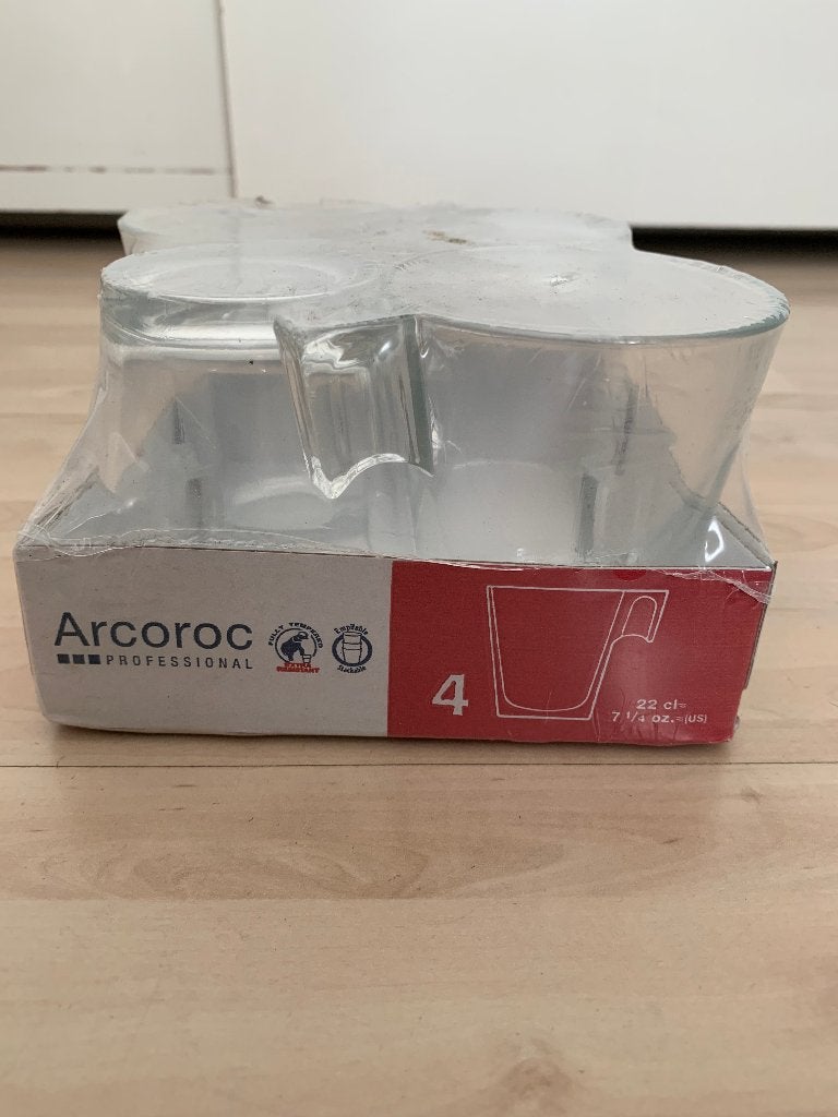 Nieuwe Arcoroc glazen mokken set van 4 - 22 cl, Huis en Inrichting, Overige merken, Nieuw, Glas, Overige stijlen