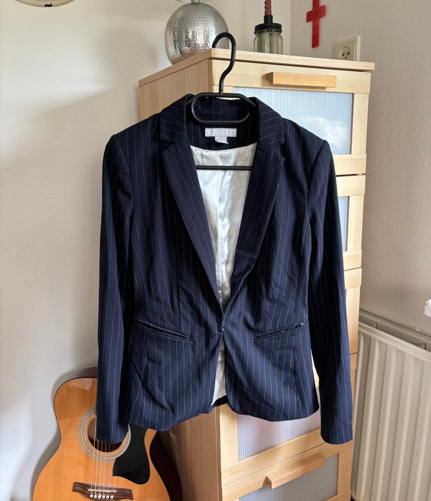 Donkerblauwe blazer met witte strepen, maat 34, Blauw, Ophalen of Verzenden, Jasje, Maat 34 (XS) of kleiner