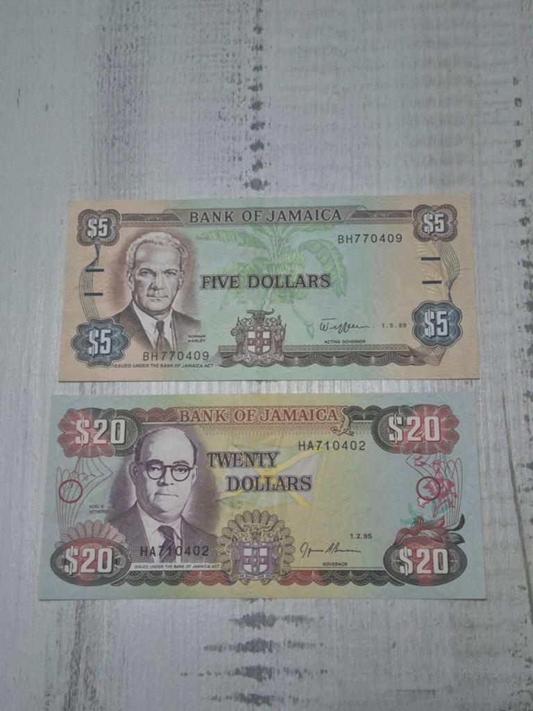 Jamaica 5 en 20 Dollar biljetten (UNC), Ophalen of Verzenden, Midden-Amerika, Setje