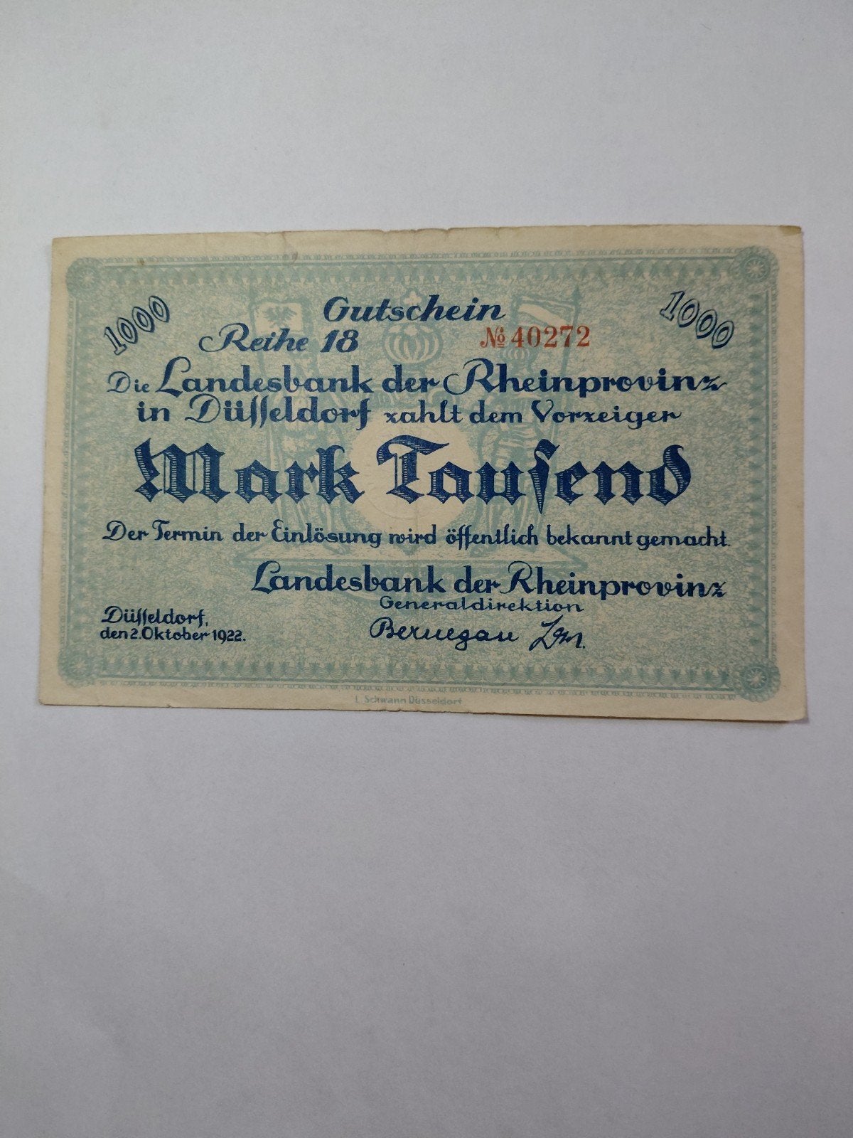 Duitse 1000 mark 1922 noodgeld, Postzegels en Munten, Ophalen of Verzenden, Duitsland