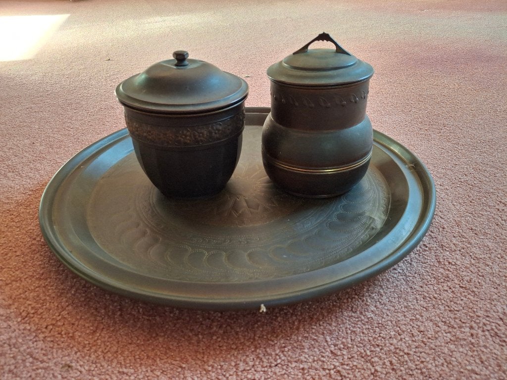 Antieke rookset, tabakspotten van koper (?), Ophalen of Verzenden