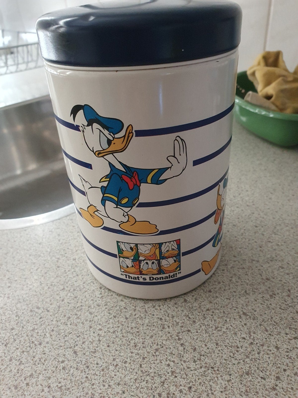 Donald duck blik van brabantia/ disney, Ophalen of Verzenden, Donald Duck, Gebruikt, Beeldje of Figuurtje