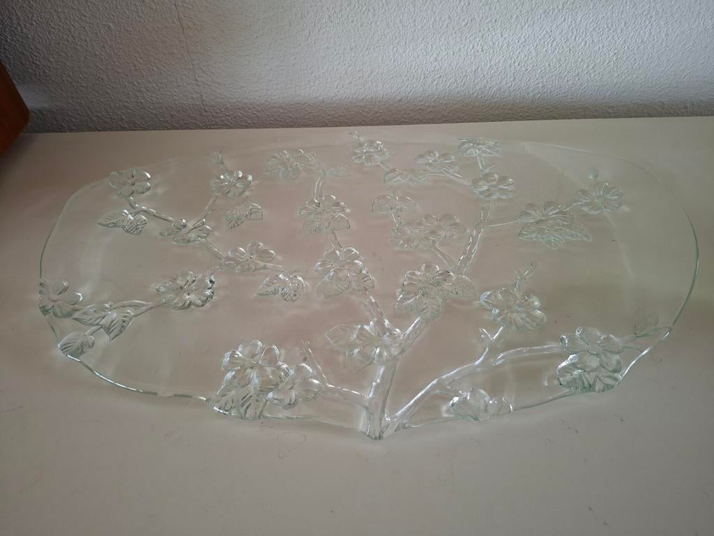 Vintage Walther Glas serveerplateau met bloemmotief, Ophalen of Verzenden