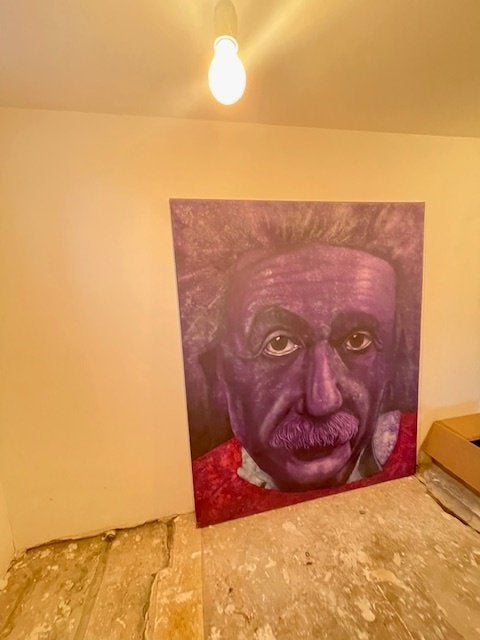 Heel groot paars schilderij portret Einstein. Jan Bollaert., Antiek en Kunst, Kunst | Schilderijen | Modern, Portret, Gesigneerd