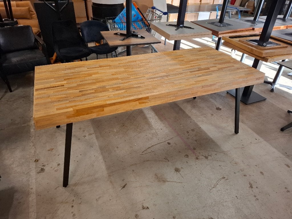 Houten eettafel 200x86x76 cm – zwart metalen poten, Ophalen, Gebruikt, 200 cm of meer, 50 tot 100 cm