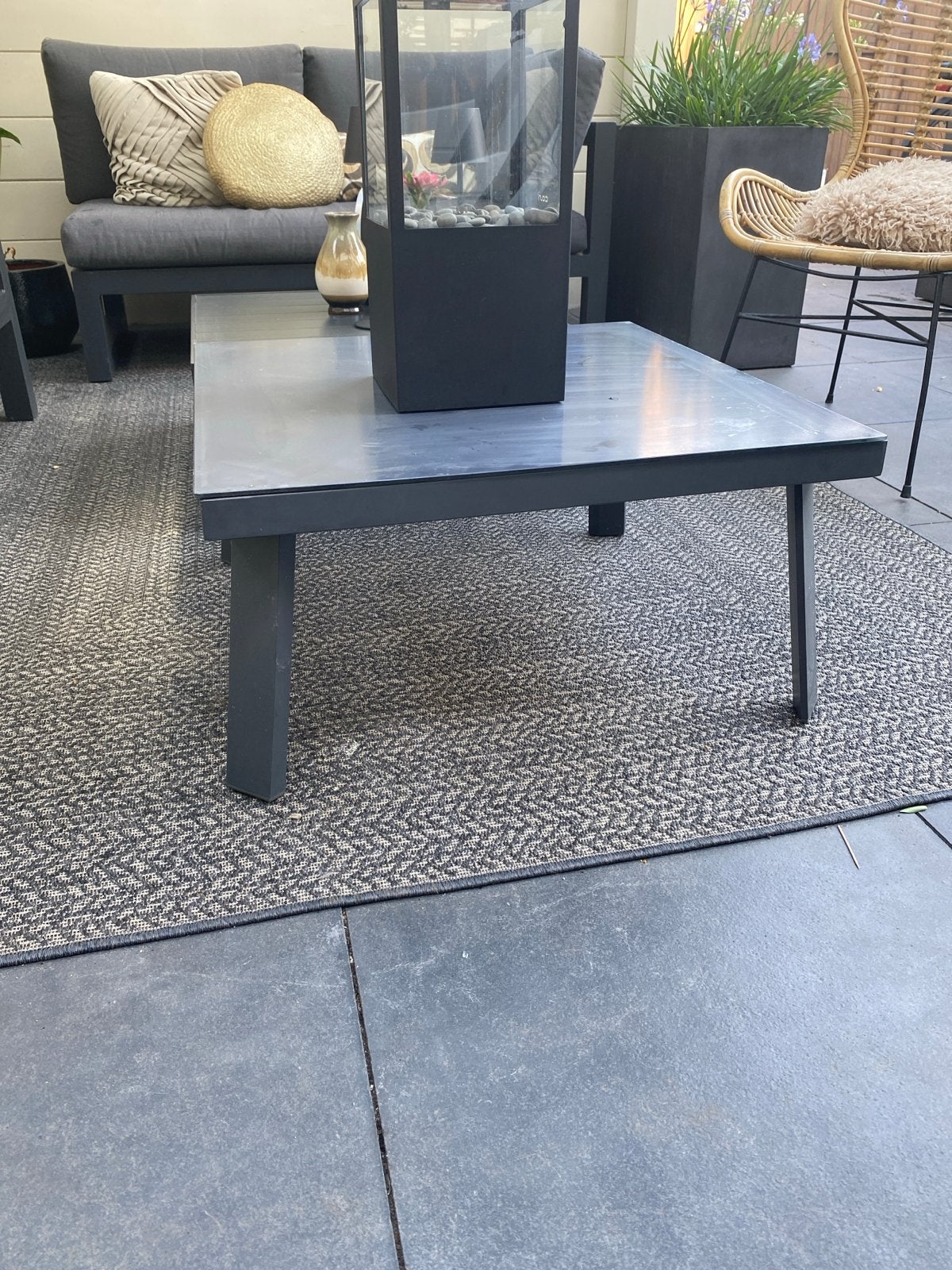 Buiten salontafel met glasplaat 90x90 cm, Ophalen, Gebruikt, Vierkant, Overige materialen