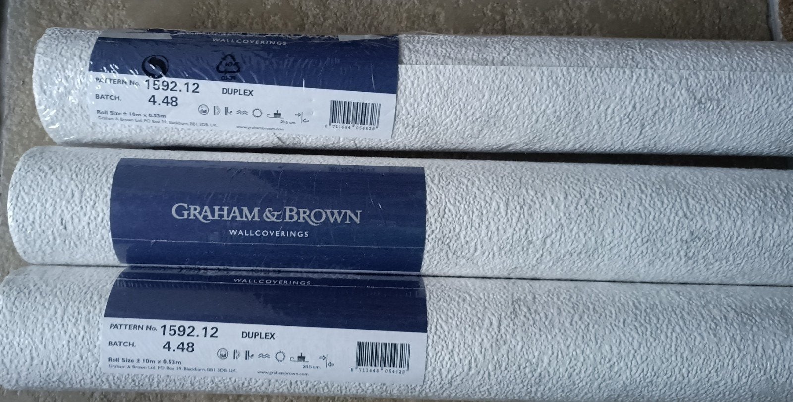 3 rollen Graham & Brown Duplex behang, wit, 10m x 0.53m, Ophalen of Verzenden, 10 tot 25 m², Wit