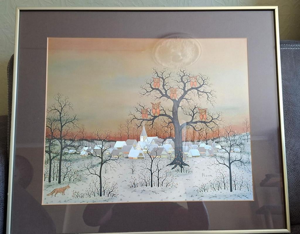 Heliogravure Mayer-Horn uilen in de sneeuw met vos en dorp, Antiek en Kunst, Kunst | Schilderijen | Klassiek, Ophalen of Verzenden
