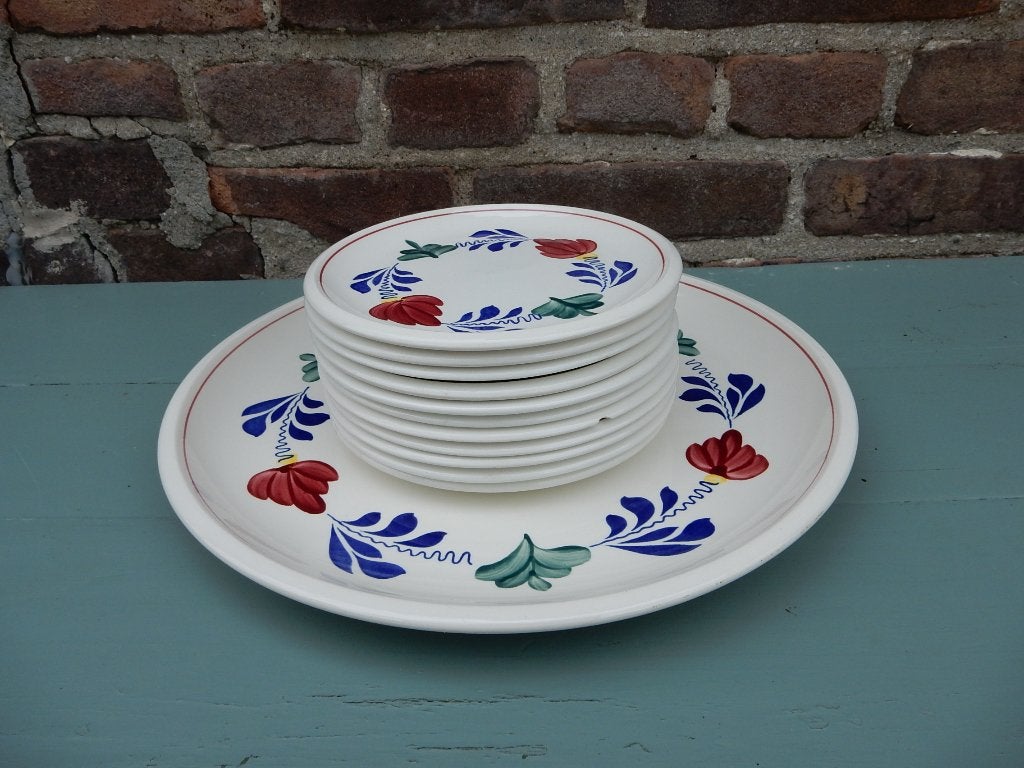 Vintage Boerenbont schaal en gebaksbordjes, Gebruikt, Keramiek, Landelijk/Boerenbont, Ophalen of Verzenden