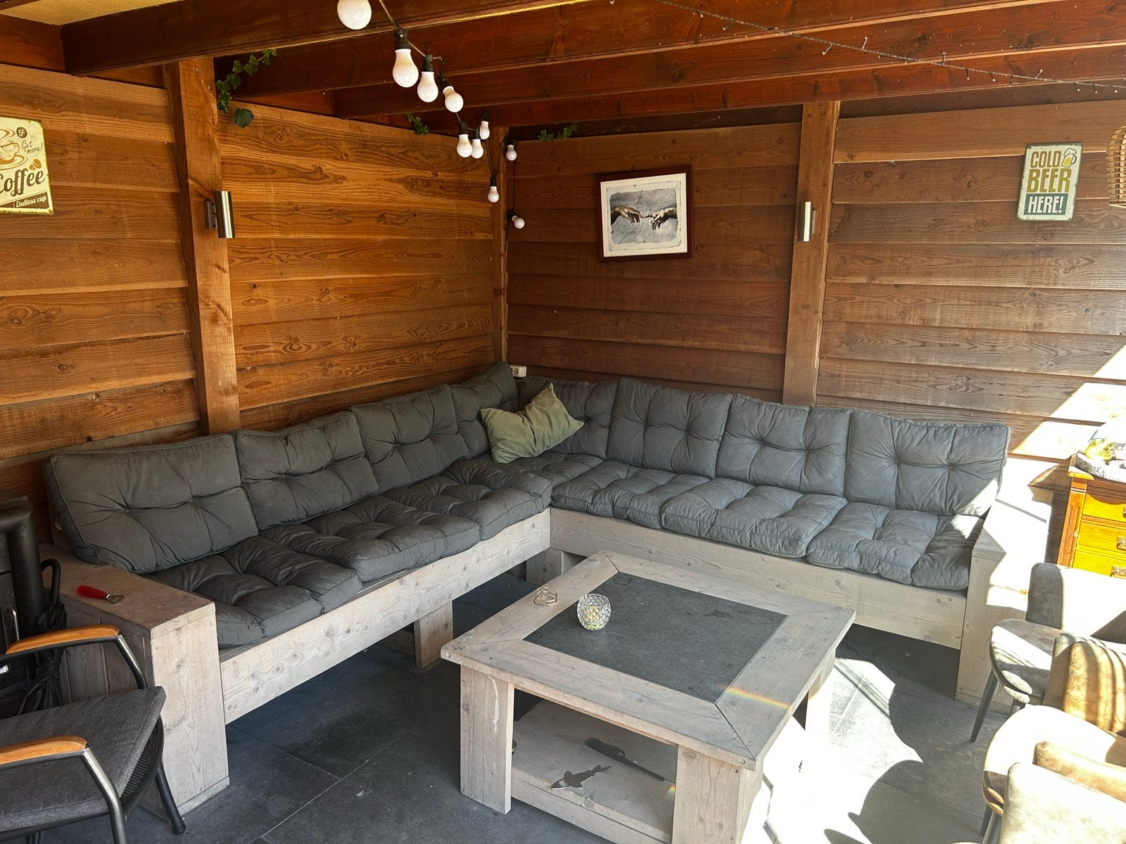 Grote hoekbank van steigerhout met kussens, Ophalen, Gebruikt, Meer dan 8 zitplaatsen, Steigerhout