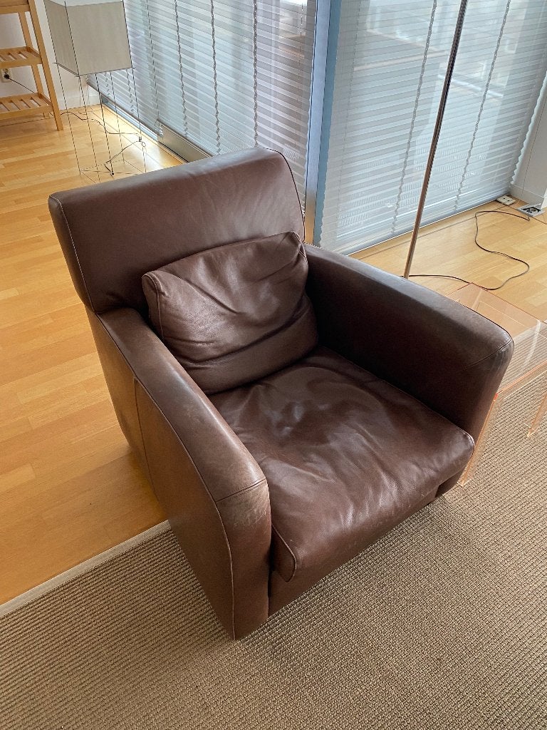 2 Comfortabele bruine leren design fauteuils, Huis en Inrichting, Ophalen, Gebruikt, Tijdloos, Comfortabel, 75 tot 100 cm