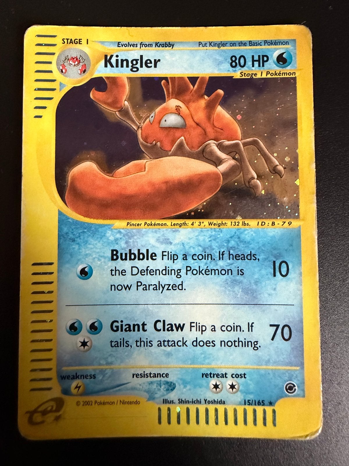 Kingler Pokémon kaart 15/165 - 2002 Nintendo, Ophalen of Verzenden, Gebruikt, Losse kaart