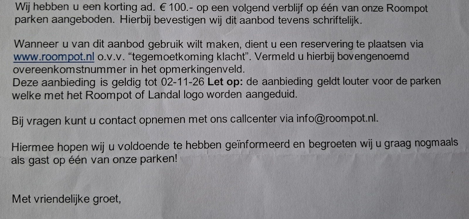 Roompot waardebon (code) 100 euro, Eén persoon, Cadeaubon, Bungalowpark