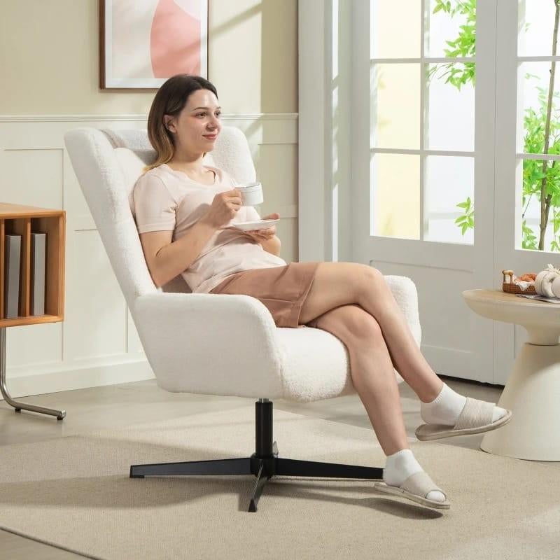 Comfortabele Bouclé Fauteuil - Wit, Draaibaar teddystof, Modern, Scandinavisch, Comfort, Nieuw, 75 tot 100 cm, Ophalen of Verzenden