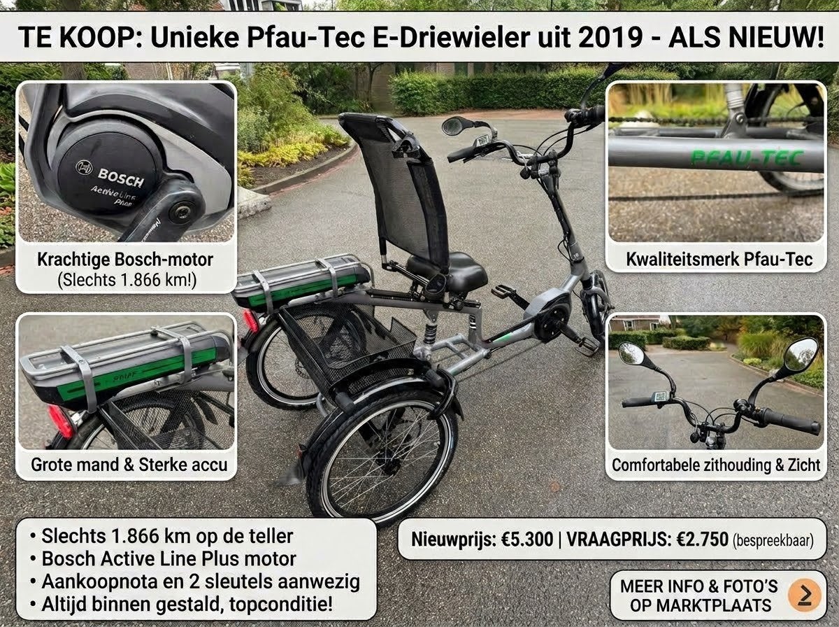 Prachtige Pfautec Scoobo Driewielfiets| Bosch motor |1866km!, Fietsen en Brommers, Ophalen, Zo goed als nieuw, Schijfrem