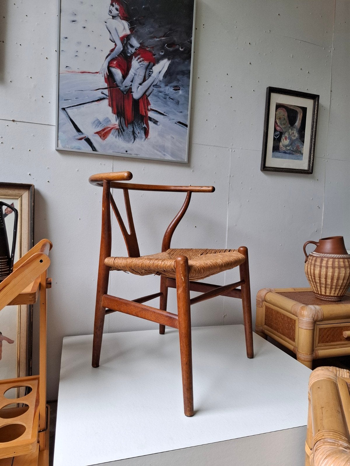 Vintage stoel wishbone Hans Wegner design, Ophalen, Gebruikt, Bruin, Design