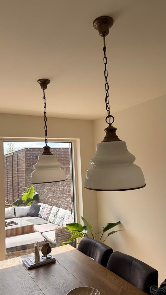 Set van 2 Landelijke Hanglampen - wit met brons-Goede Staat, Ophalen, Zo goed als nieuw, Metaal