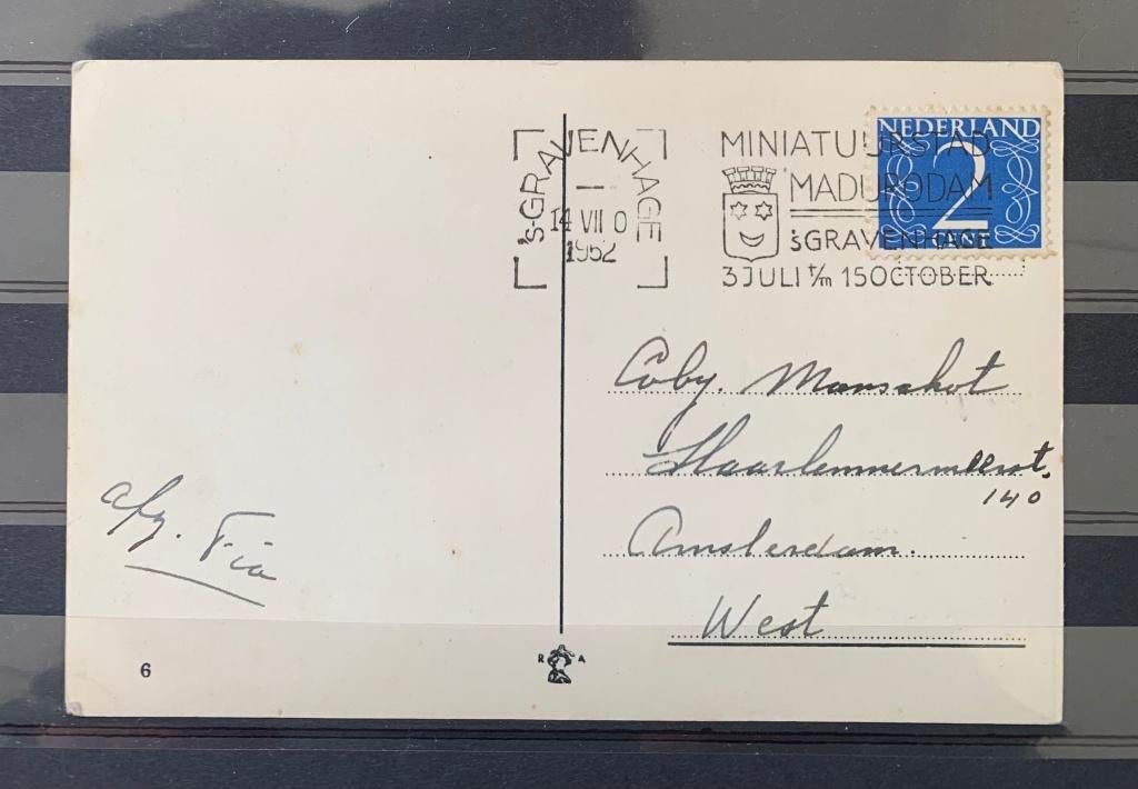 Postkaart met stempel Madurodam 1952, Postzegels en Munten, Verzenden, Na 1940, Gestempeld