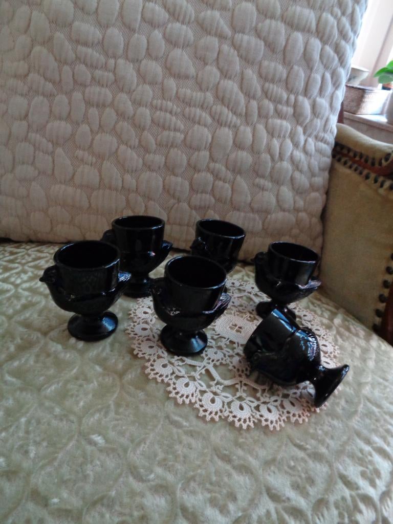 6 Vintage Franse Zwarte Opaline Eierdopjes Kip ** Mimosa **, Ophalen of Verzenden
