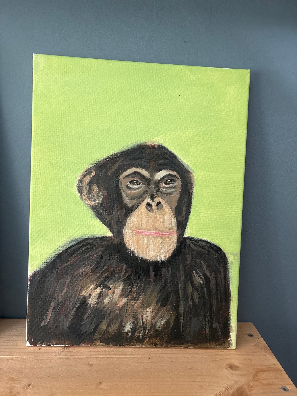 Schilderij van een chimpansee op groen canvas, Acrylverf, Handgeschilderd, Ophalen of Verzenden, Dieren
