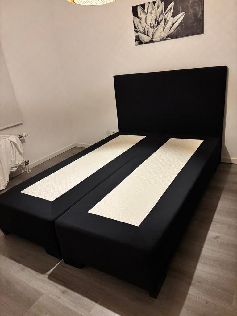 Boxspring Bodem met hoofdbord, Ophalen, Zwart, Tweepersoons, 140 cm