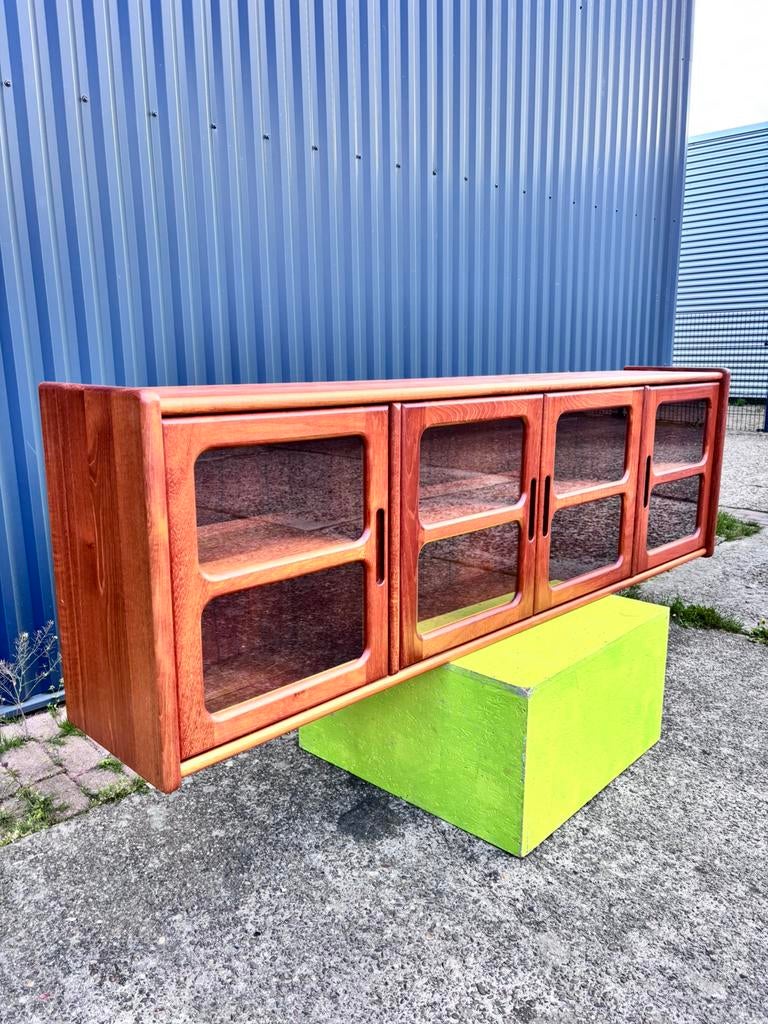 Vintage vitrine teak deens hangvitrine, Ophalen, Gebruikt, 200 cm of meer, 50 tot 100 cm