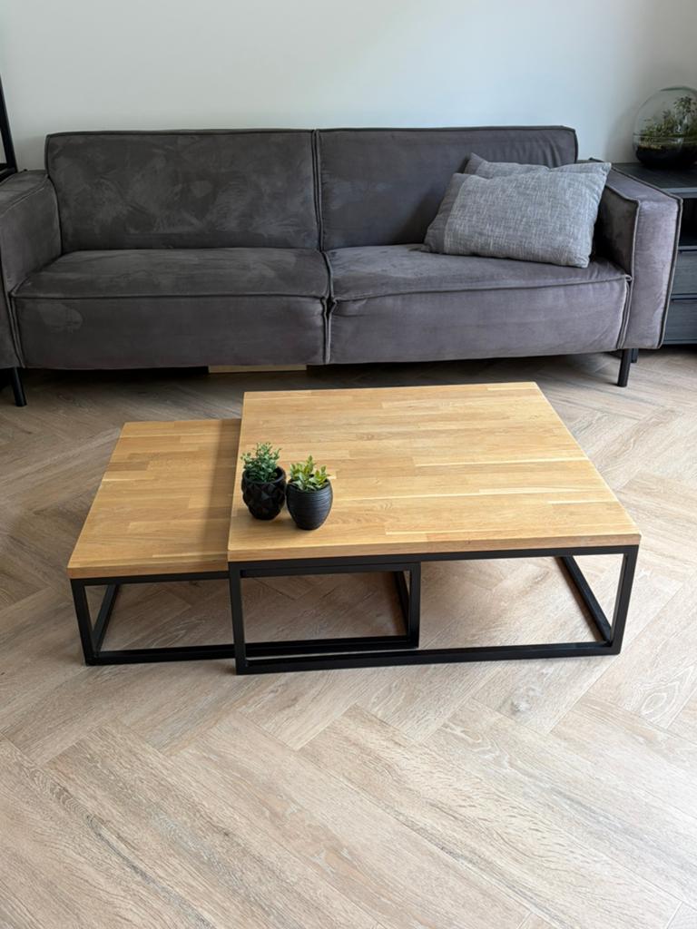 Salontafelset eiken staal, Ophalen, 50 tot 100 cm, Zo goed als nieuw, Minder dan 50 cm