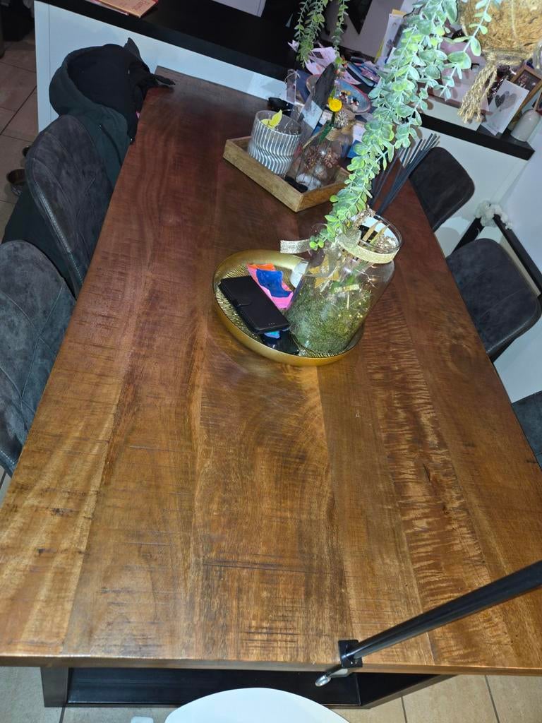 Mangohouten eettafel met zwart metalen onderstel, Ophalen of Verzenden, Rechthoekig, 150 tot 200 cm, 50 tot 100 cm