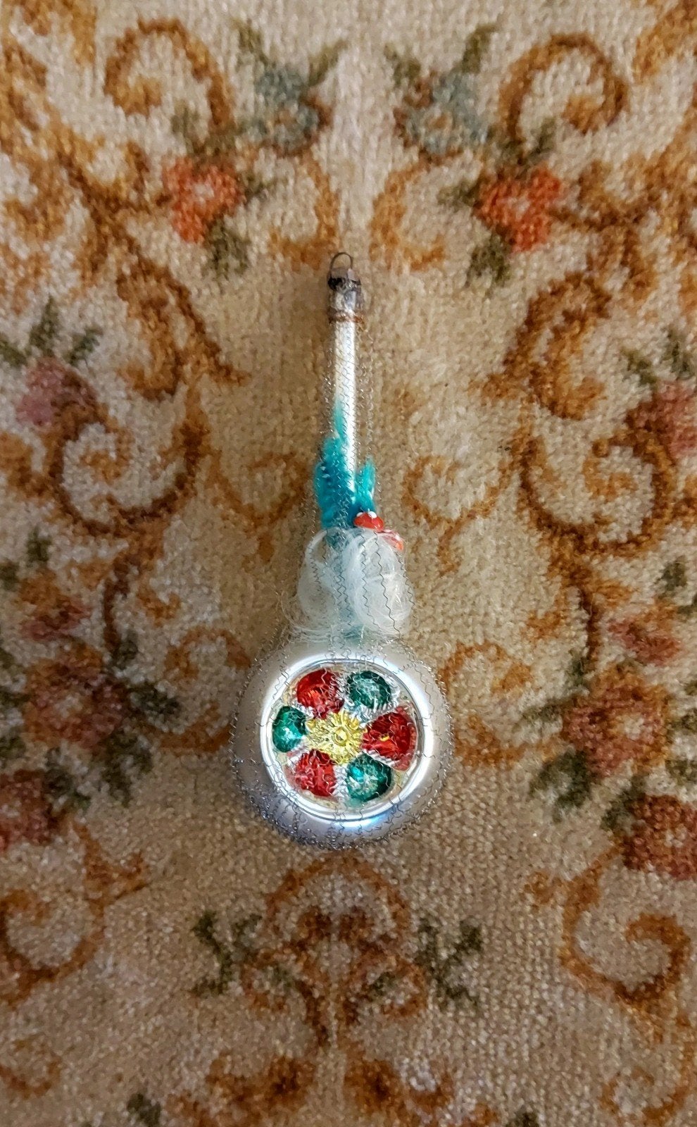 Antieke tinsel kerstbal met engelenhaar en paddestoeltjes, Diversen, Ophalen