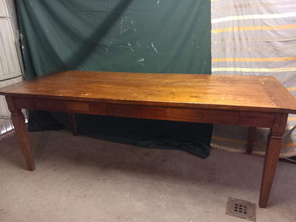 Teakhouten eettafel 230 x 90 cm met 2 lades, Ophalen, Gebruikt, Teakhout, 200 cm of meer