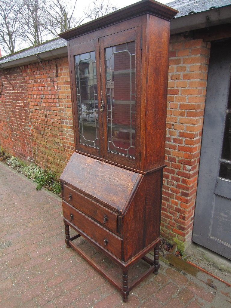 antieke eiken kast 2 laden, secretaire en vitrinekast 221x90, Ophalen