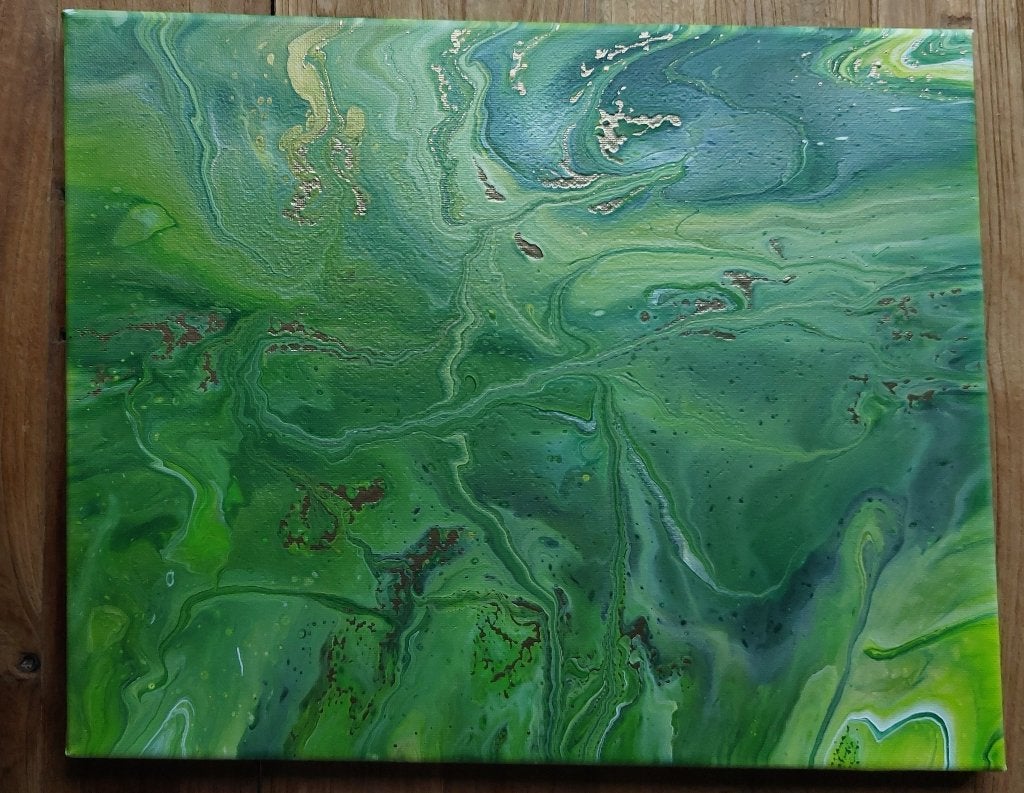 Abstract schilderij groen en goud op canvas 30 x 40 cm, Ophalen