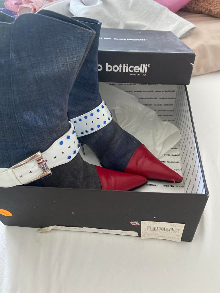 Roberto Botticelli denim laarzen met rode neus, Ophalen of Verzenden, Zo goed als nieuw, Blauw, Lage of Enkellaarzen