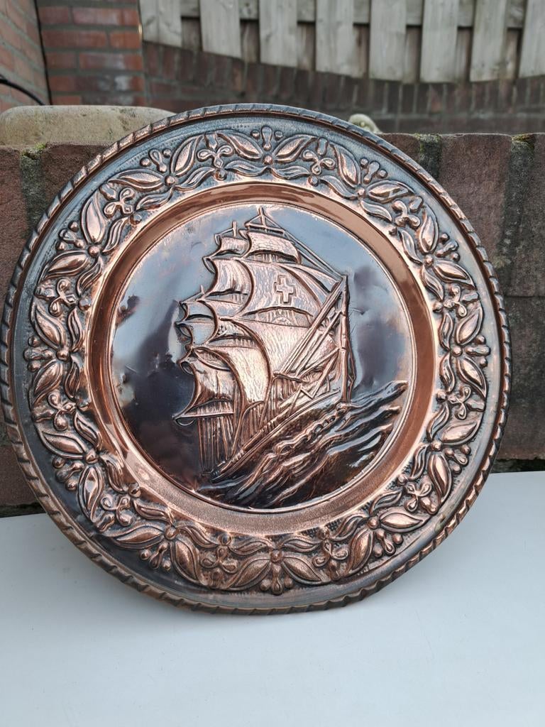 Koperen wandbord met schip, Ophalen of Verzenden