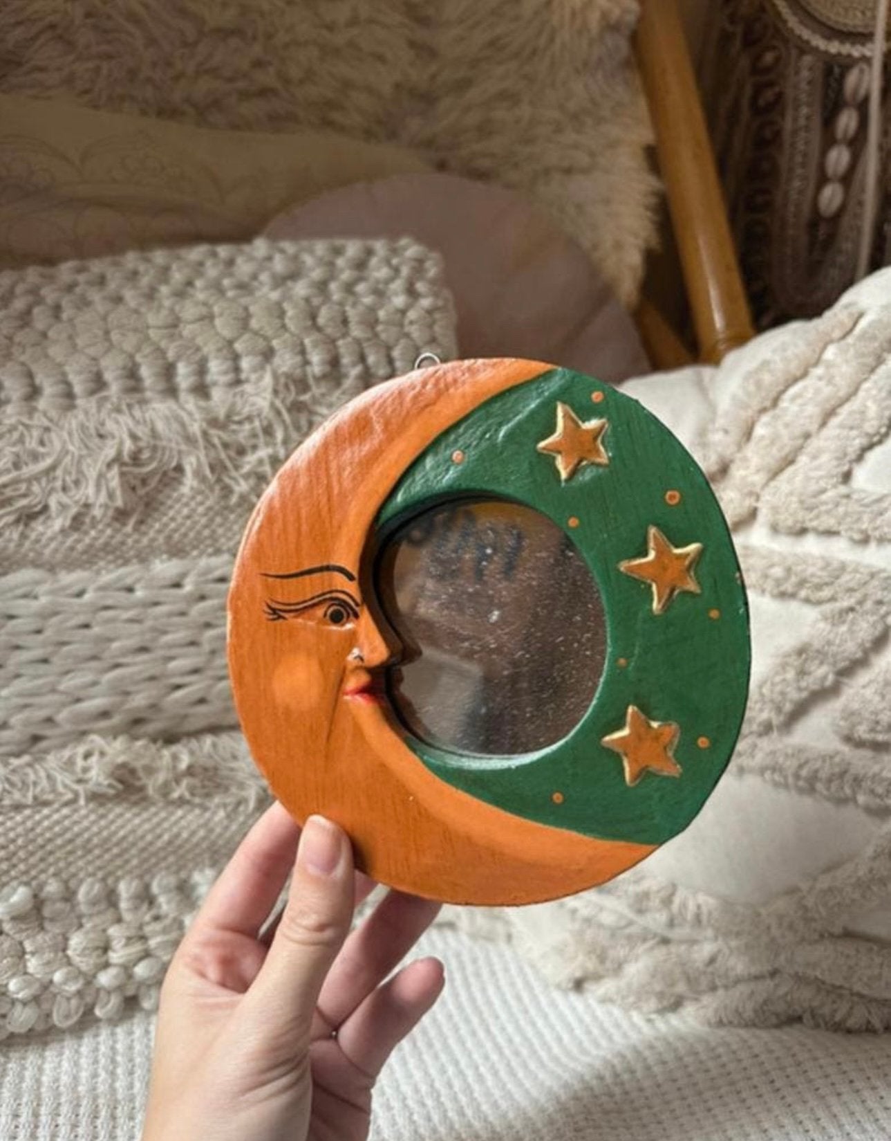 Houten ronde vintage spiegel maan en sterren (groen), Huis en Inrichting, Woonaccessoires | Spiegels, Ophalen of Verzenden