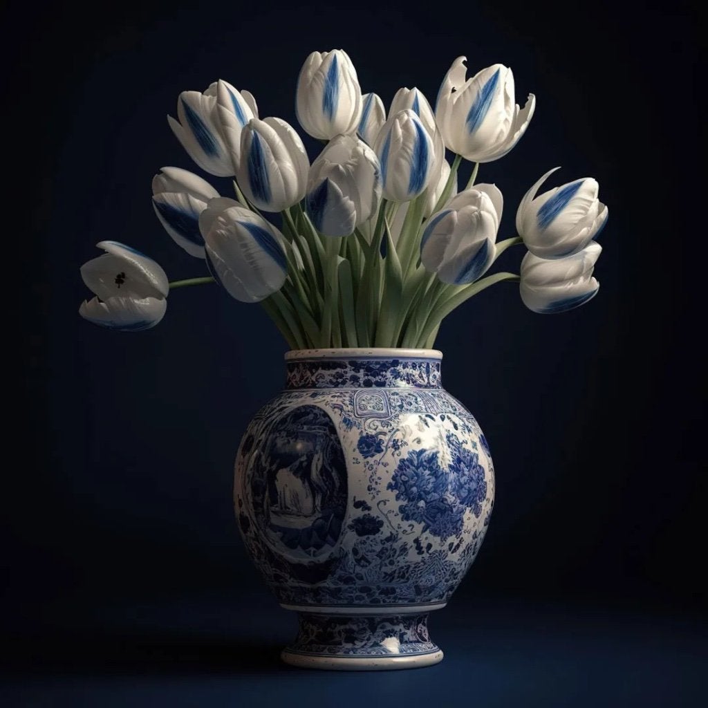Aluminium Schilderij - Delfts Blauwe Vaas met Tulpen, Ophalen, Nieuw, Schilderij, 100 tot 125 cm