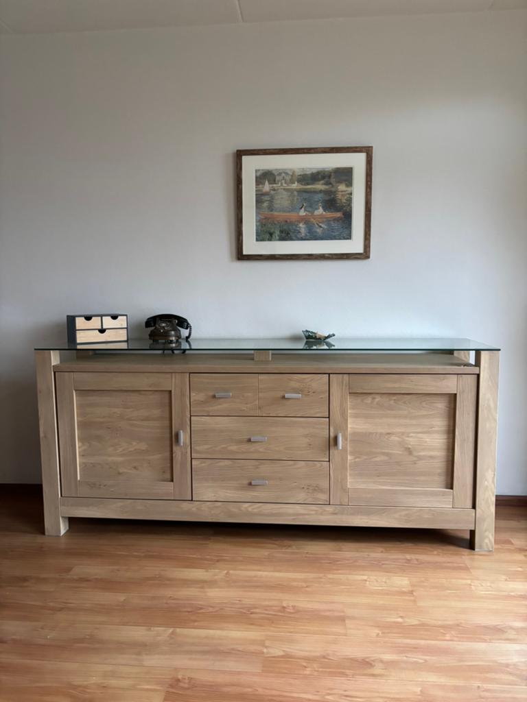 Dressoir en bijbehorende kast, Ophalen of Verzenden, Zo goed als nieuw, Hout met glas, 25 tot 50 cm