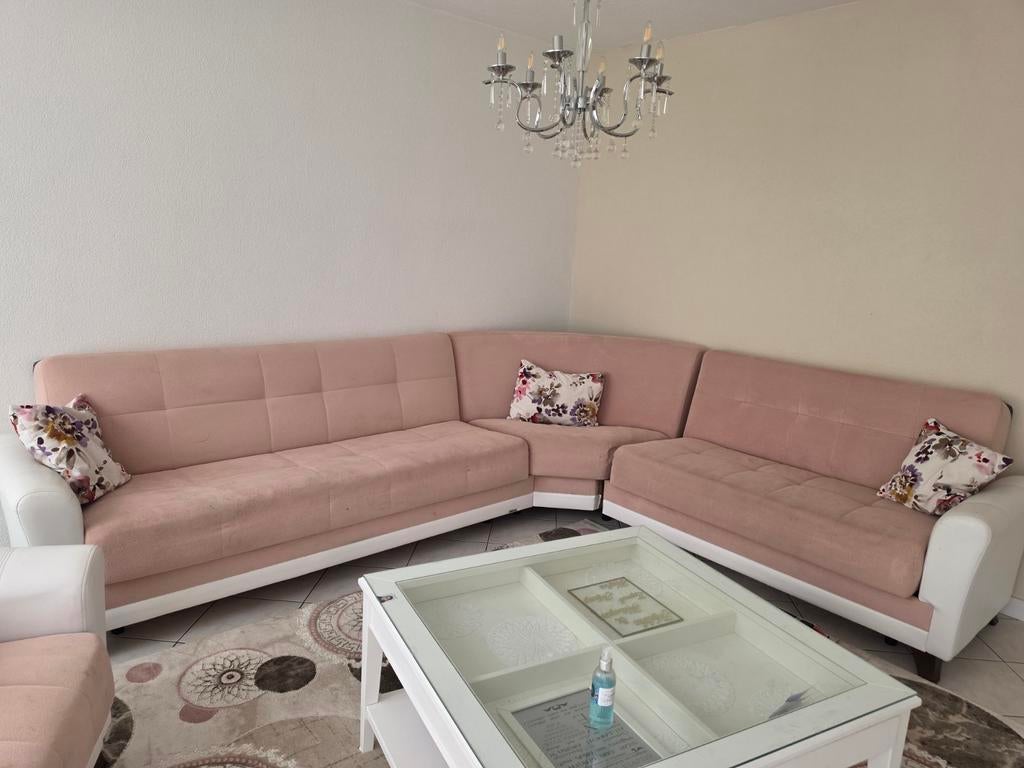 Hoekbank met salontafel en tapijt (2x3m), Ophalen, Gebruikt, Stof, Modern, Comfortabel