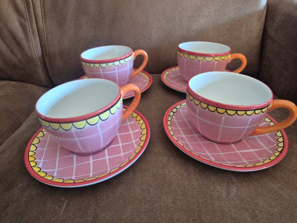 Set van 4 grote Blond Amsterdam kop & schotels  (Ruit roze), Ophalen of Verzenden, Zo goed als nieuw, Kop(pen) en/of Schotel(s)