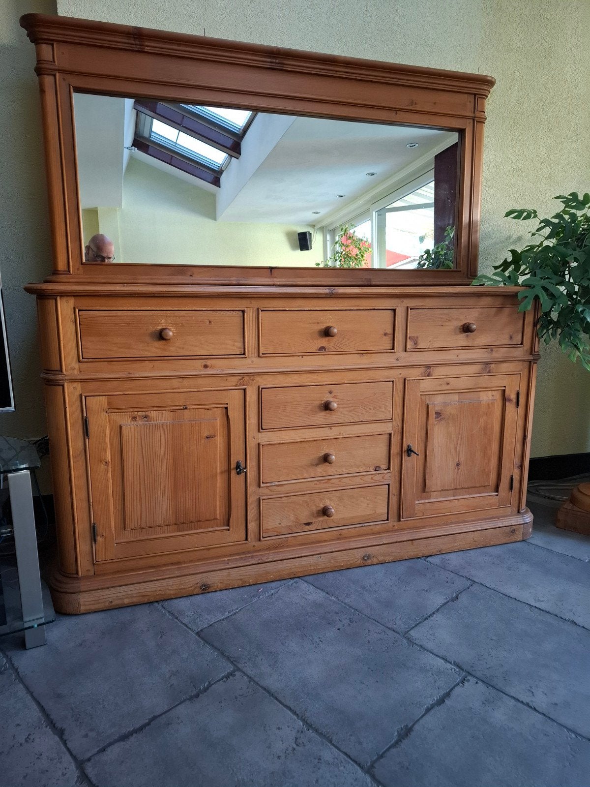 Grenen dressoir met spiegel., Antiek en Kunst, Ophalen