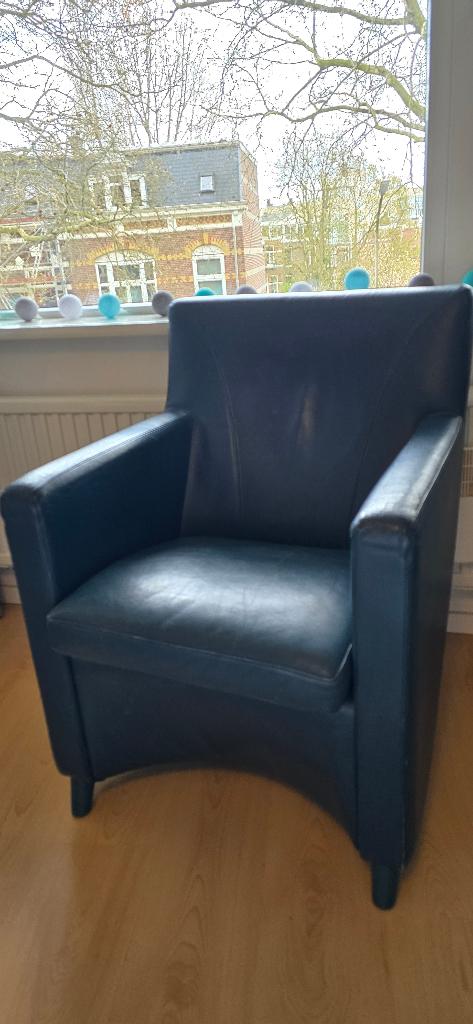 Comfortabele Leolux fauteuil - Donkerblauw leer, Ophalen, Gebruikt, 75 tot 100 cm, Leer