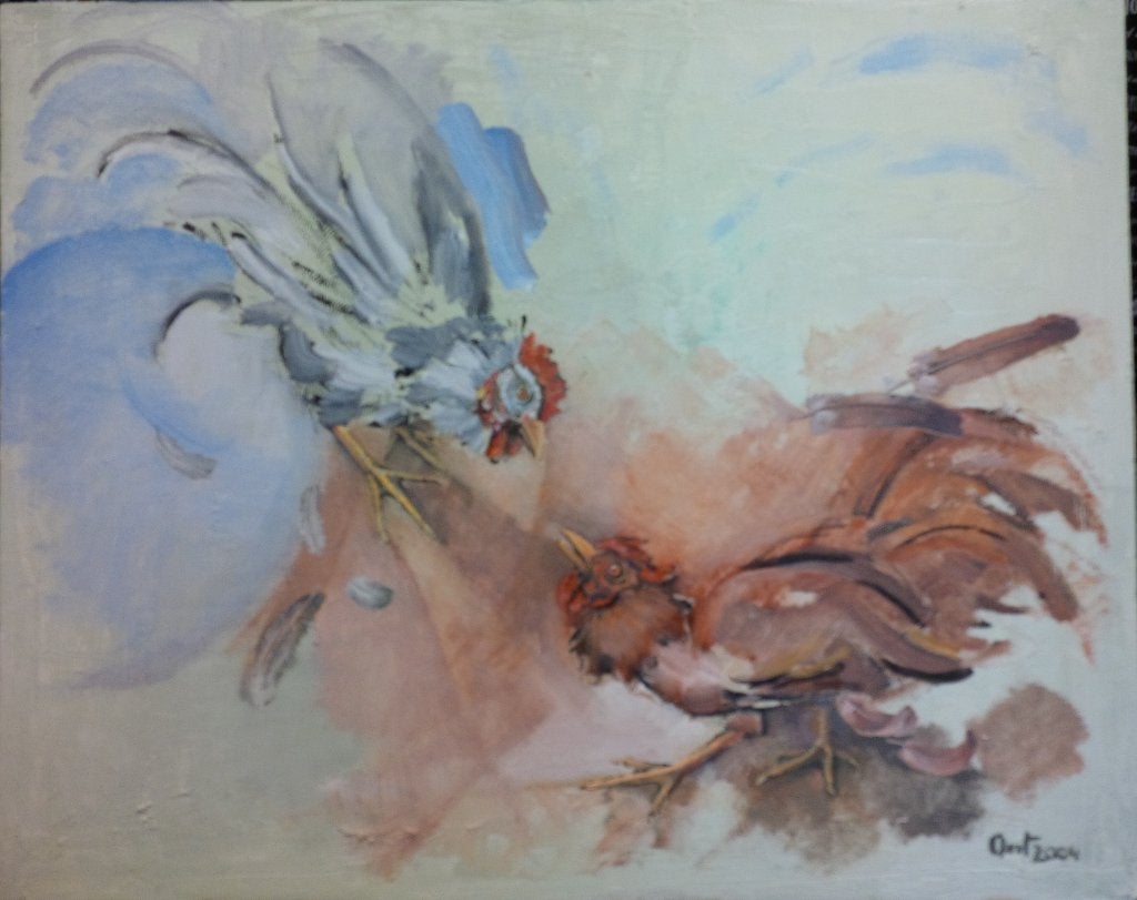 Vechtende hanen - olie op doek - ANT - 2 stuks, Abstract, Olieverf, Overige materialen, Ophalen