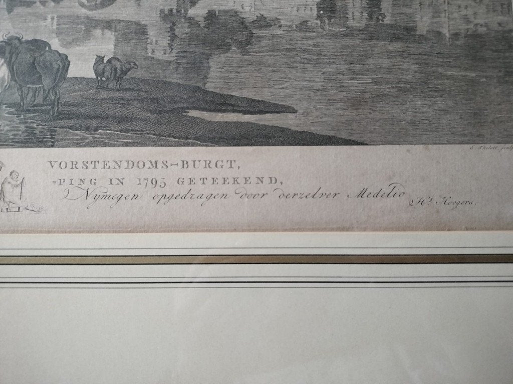 Gravure van het Valkhof Nijmegen, Antiek en Kunst, Kunst | Etsen en Gravures, Ophalen, Ingelijst, Ets, Stadsgezicht