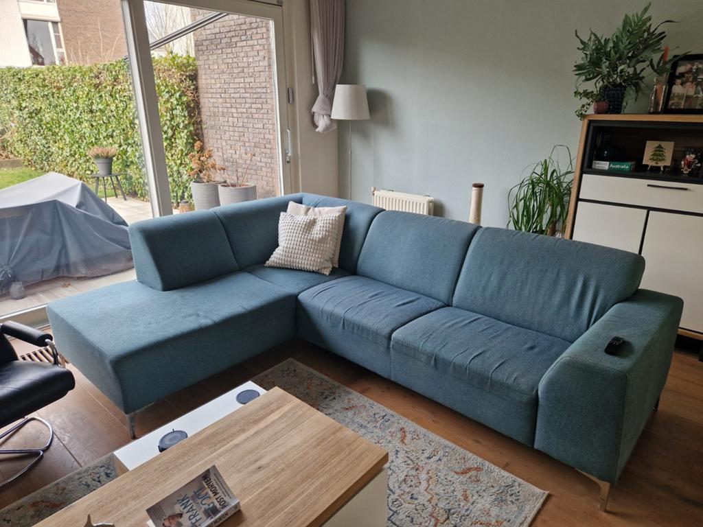 Comfortabele Hoekbank - Blauw/Grijs Stof, Huis en Inrichting, Ophalen, 250 tot 300 cm, Gebruikt, 100 tot 125 cm