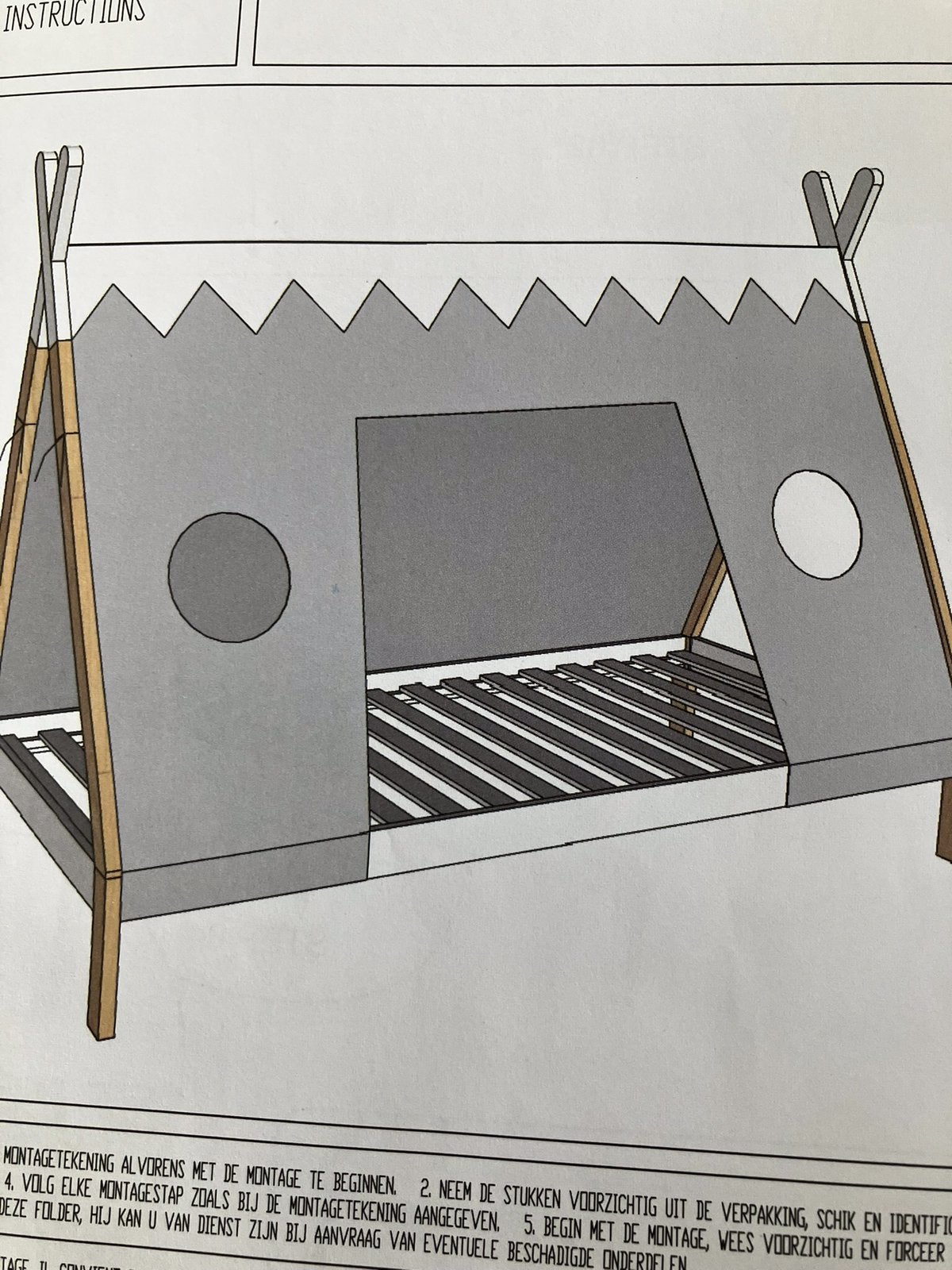 Tentdoek tipi voor peuterbed, Ophalen, Eenpersoons, Grijs
