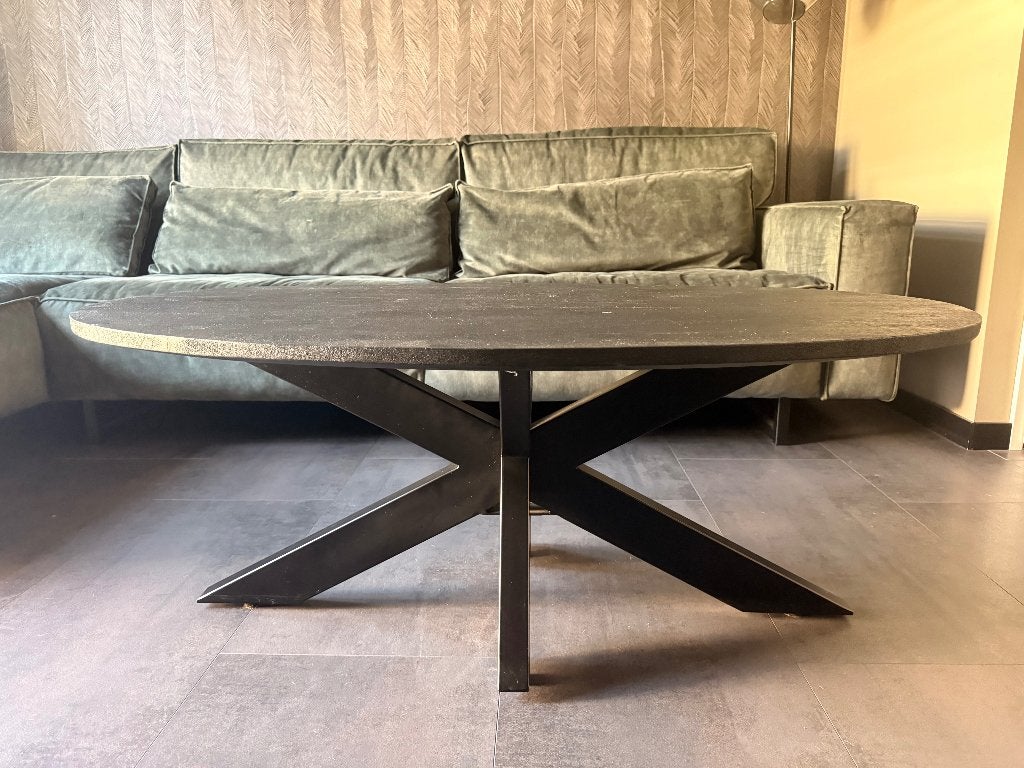 Stijlvolle ovale salontafel met metalen onderstel, Ophalen, Overige materialen, 100 tot 150 cm, 50 tot 100 cm