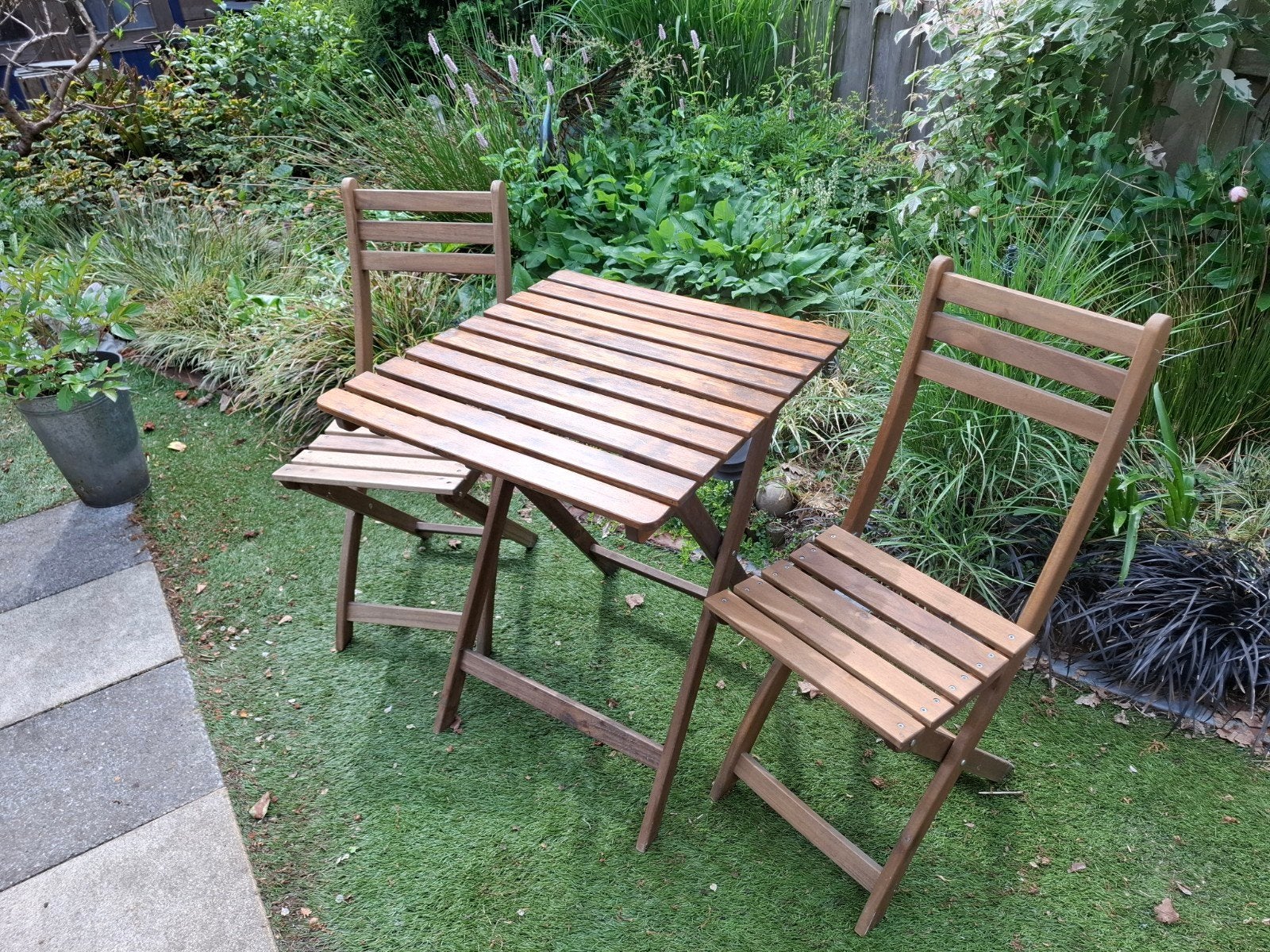 Tuinset bistro tuinsetje tafel + 2 stoeltjes hardhout, Ophalen, Gebruikt, Vierkant, Teakhout