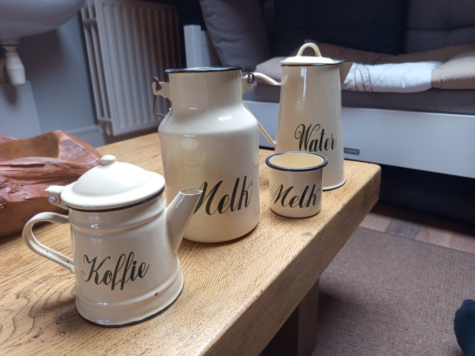 Vintage emaille kannen set - Melk, Water, Koffie, Antiek en Kunst, Ophalen of Verzenden